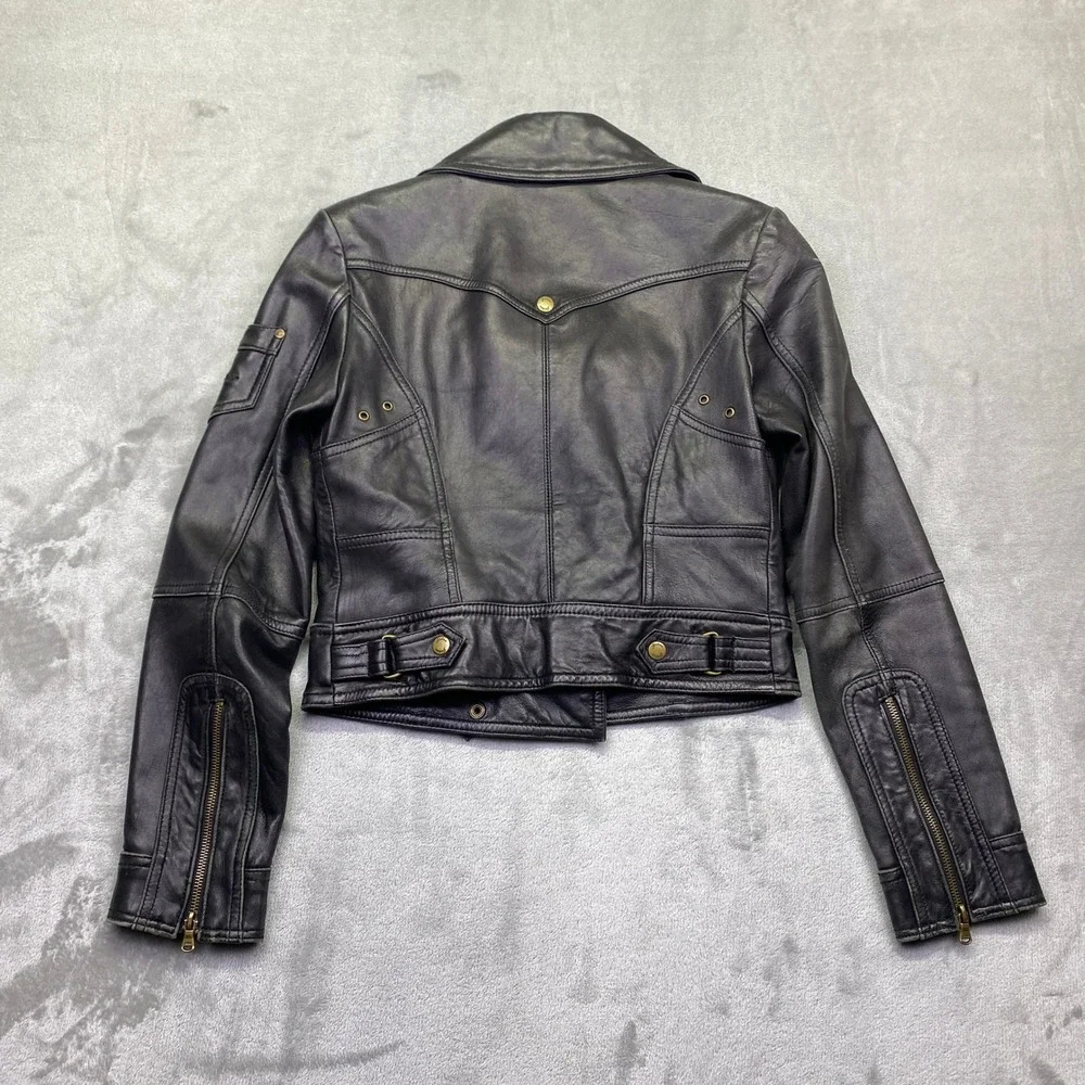 VTG Guess Womens Black Leather Moto Biker Jacket Asymmetrical Zip Brass Sz S/P - Picture 11 of 12